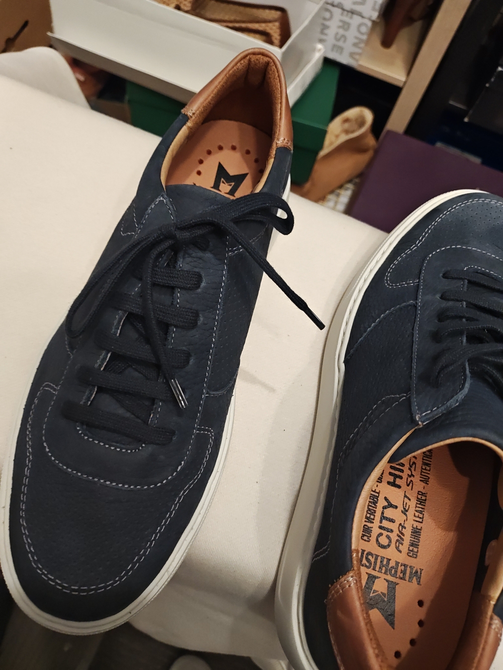 Mephisto Navy Blue and Brown Leather-Trim Sneakers 8